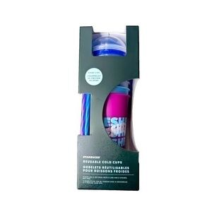 Starbucks Summer 2024 Printed Dome Lid Reusable Plastic Cold Cups Box Set x5 NEW